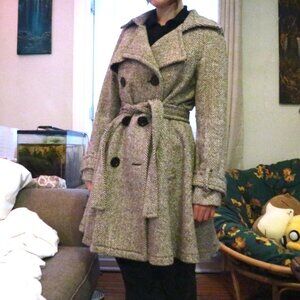 Franco Mirabelli Herringbone Wool Trench Coat - Grey Tweed - Size 8